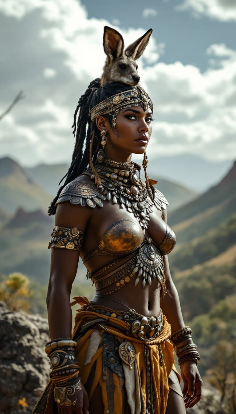AI generated: :

 "High quality image of a warrior woman inspired by ancient Australian culture, standing in a bea...