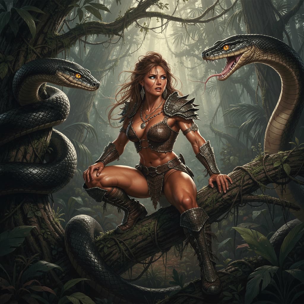 AI generated: a warrior amazon woman in a fantasy jungle setting. She has blue eyes, long, messy brown hair and we...