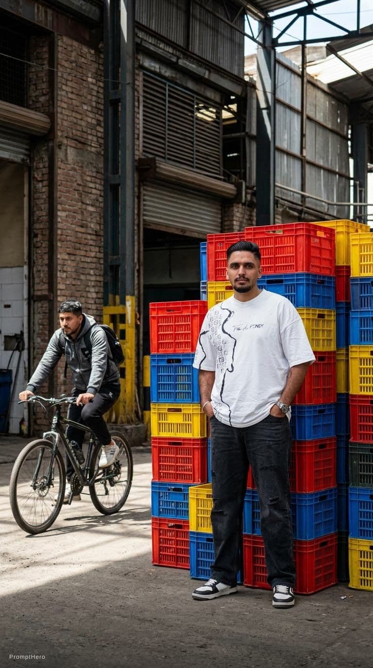 AI generated: contemporary street scene, professional man model with a colorful backdrop of stacked crate, street ...