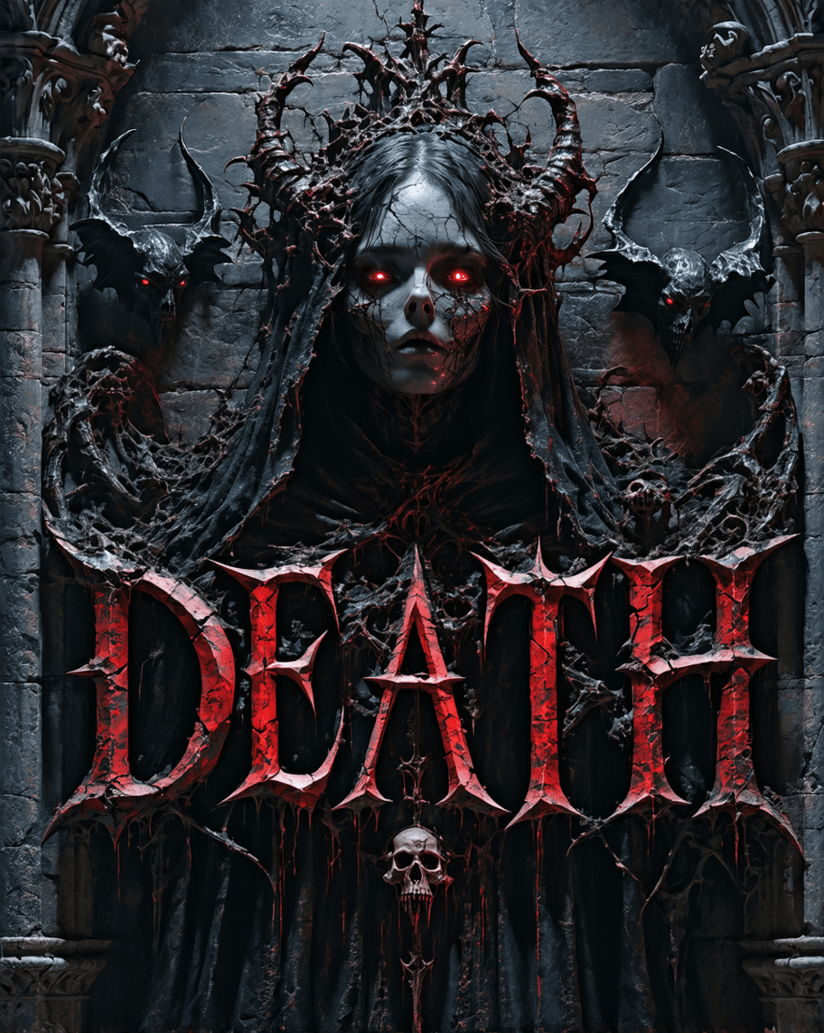 AI generated: 
Ultra-high resolution 16K render of the word "DEATH" in huge gothic typography, each letter forged ...