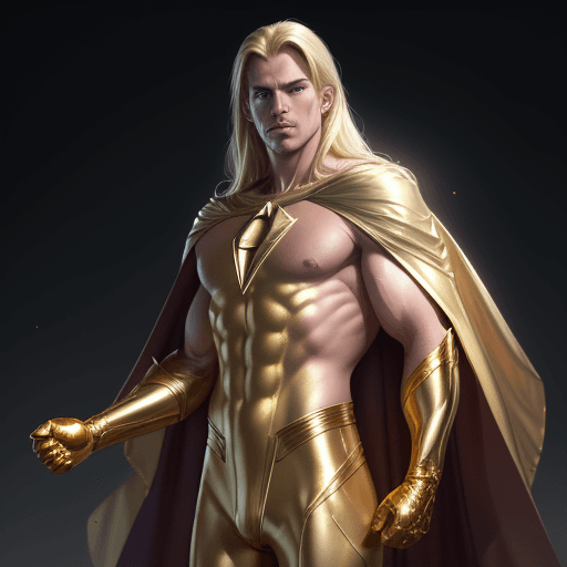 AI generated: male super hero named champion blond hair, no symbol, skin tight gold suit, gold cape, gold gloves, ...