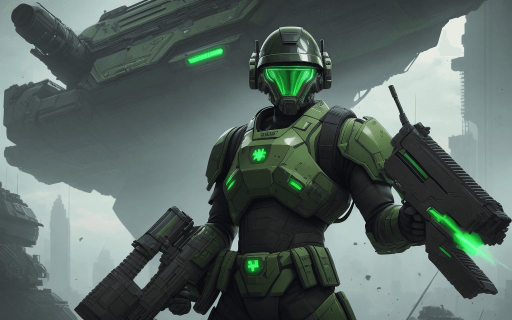 AI generated: brutal man warrior stands and holding a M41A Pulse Rifle in his hands, after the battle,green eyes w...