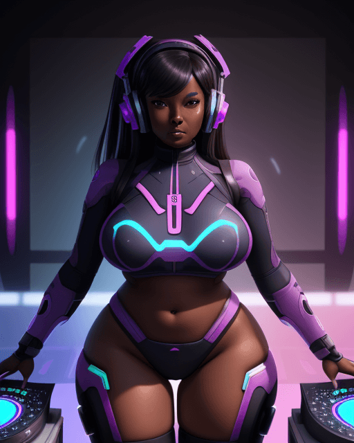 AI generated: dark skin, adult, D.va, thick thighs, chest, futuristic tech, hypnotic, DJ, evil, splatoon
