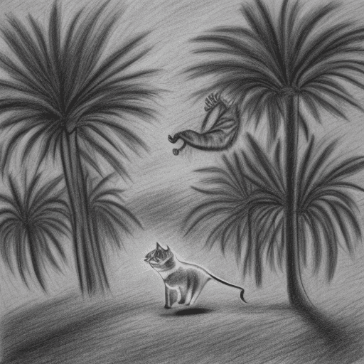 AI generated: Drawing of a grey cat jumping sideways on an island with grass and a palm tree on the right, on a su...