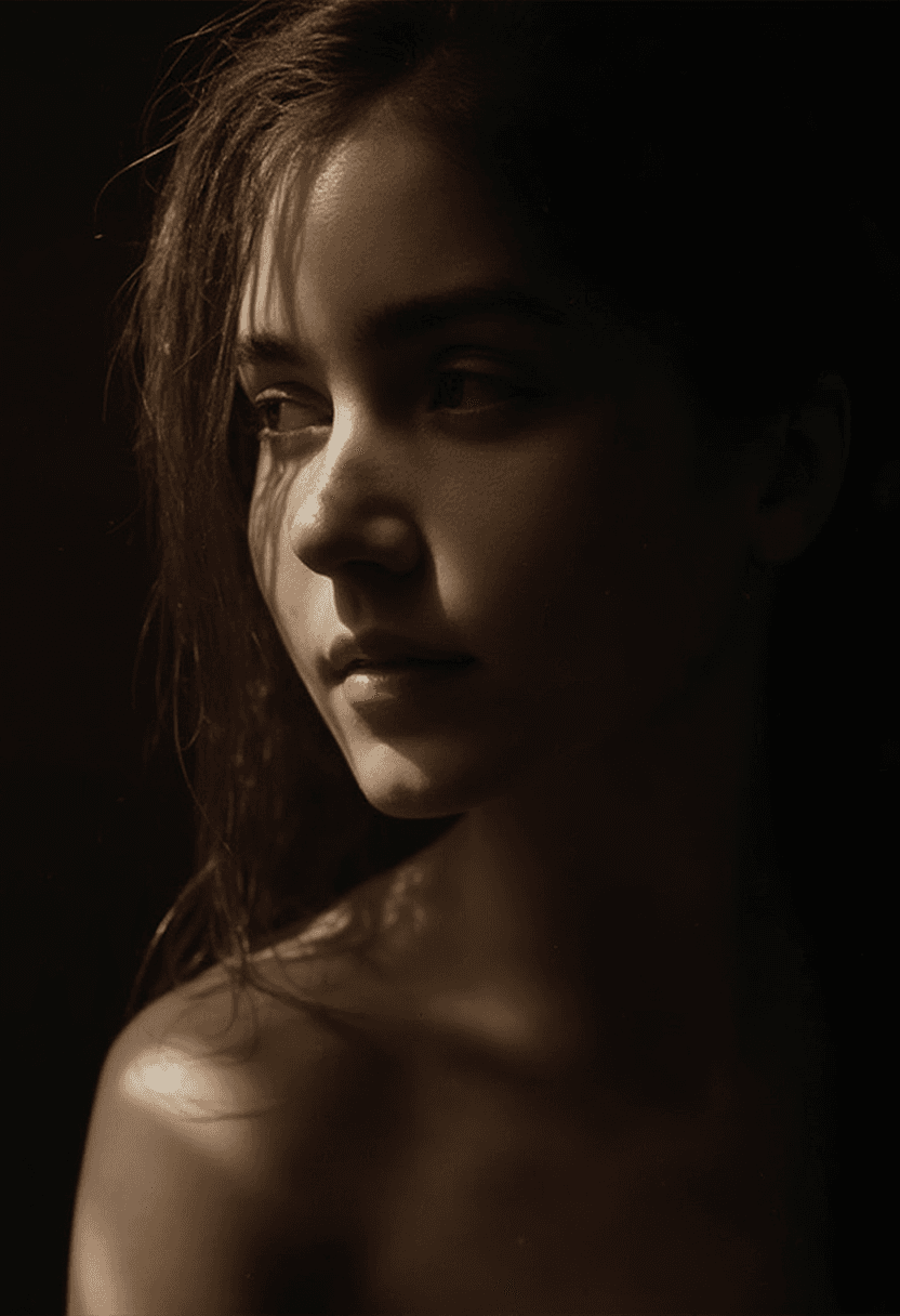 AI generated: Create a close-up shot of a fit adult woman's face captured from a low angle against a dark backgrou...