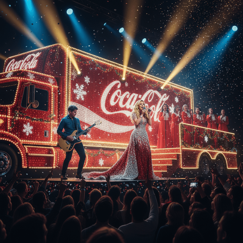 AI generated: A glamorous female superstar performing live on top of a dazzling Christmas Coca-Cola style truck at...