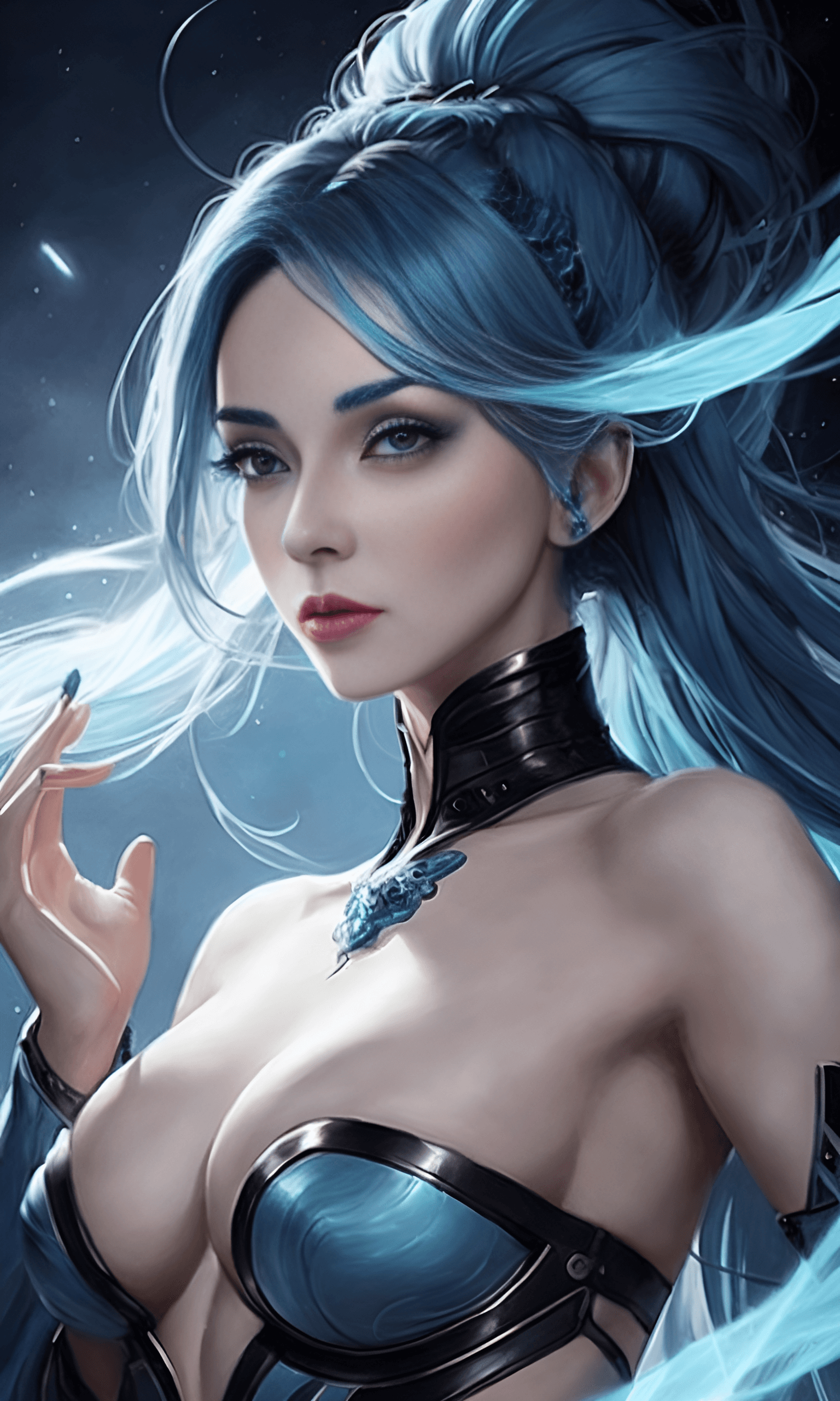 AI generated: A mesmerizing fantasy style portrait painting of an enchanting realm female with ethereal blue hair,...