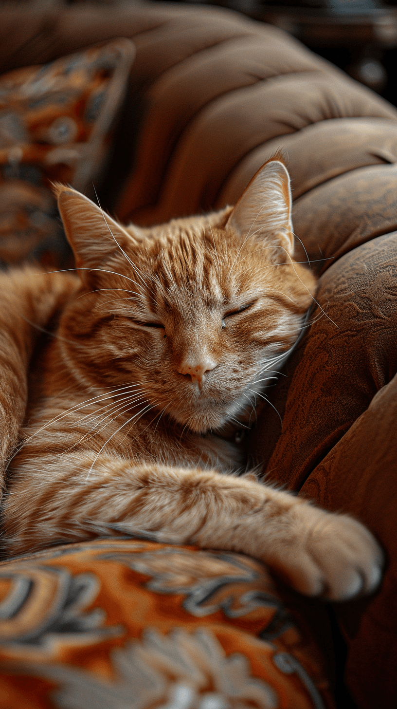 AI generated: photograph, candid shot, famous randomly couch and randomly finished with randomly cats, center poin...