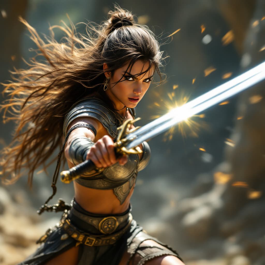 AI generated: xena an warrior princess, with her sword posing a strike, motion blur on the sword, she is fighting ...