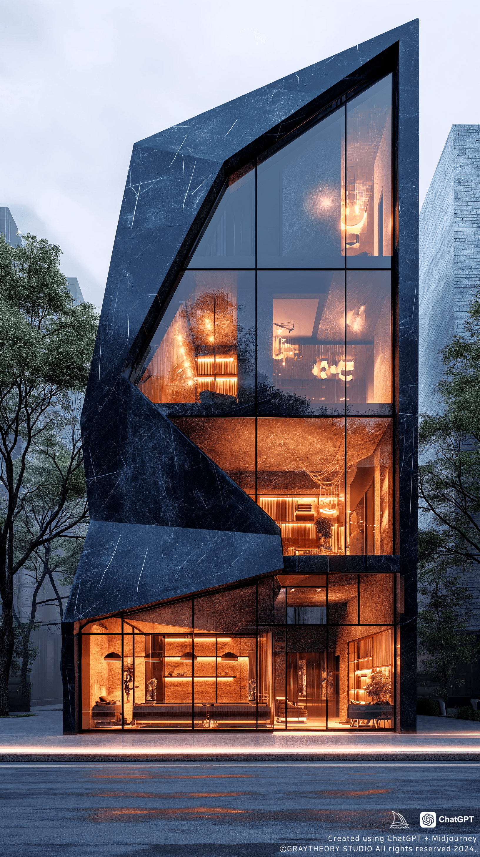 AI generated: photorealistic, canon EOS 5d, minimalistic medium scale office building, curved brick, geometric sha...