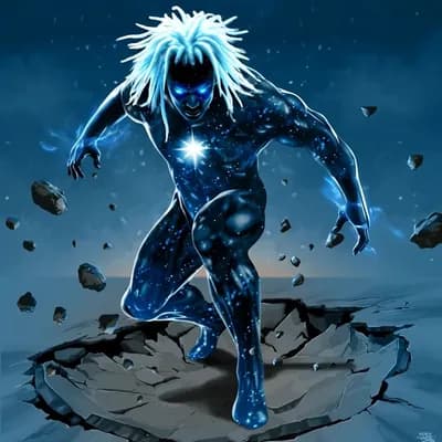 AI generated video: the electricity around the man in the picture surges up and down, his eyes start glowing, the rocks ...