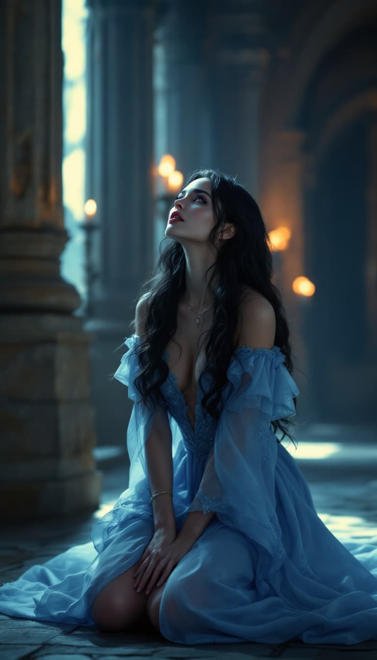 AI generated: Prompt:
"A cinematic scene of Alina Dreymore, a mysterious noblewoman in her early thirties, kneelin...