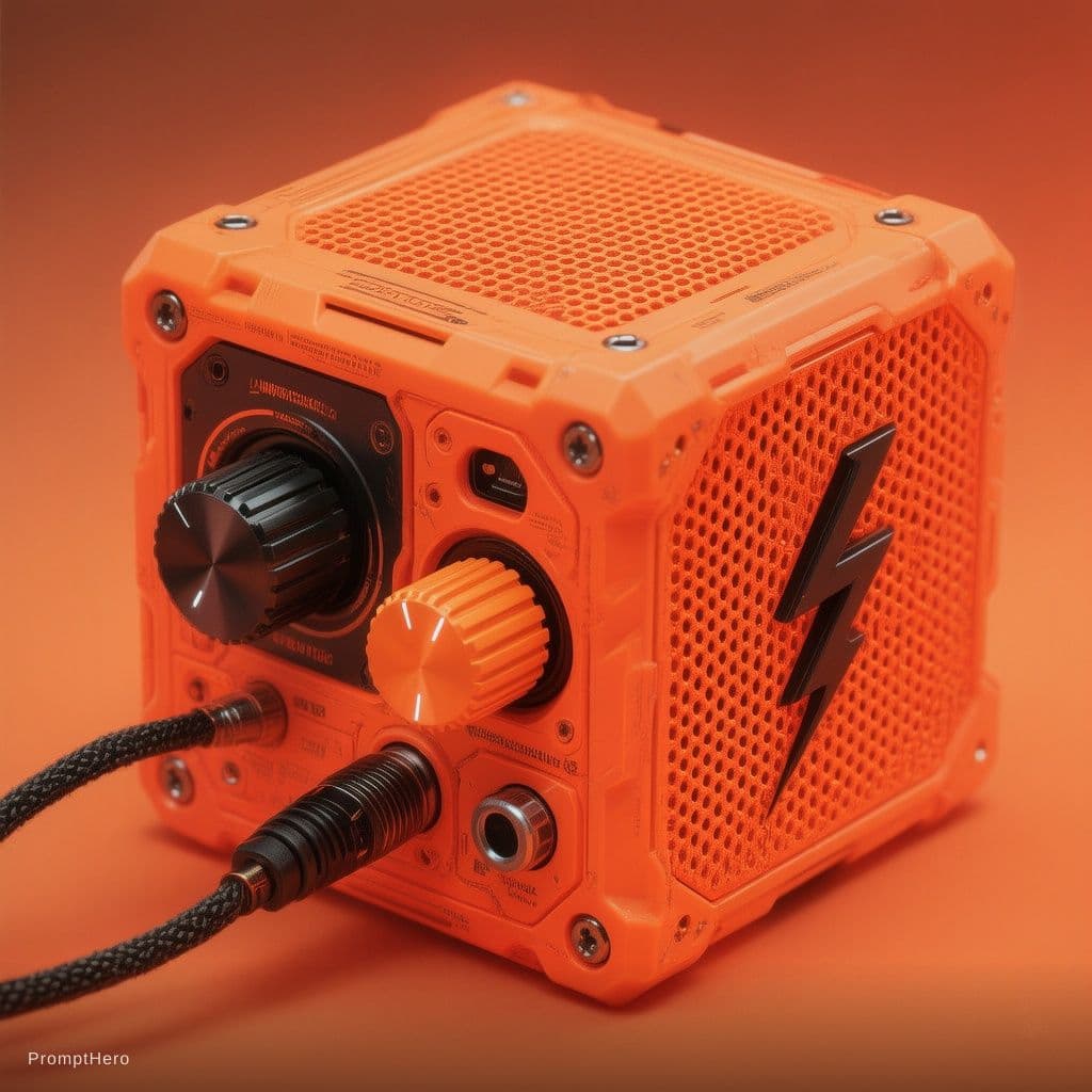 AI generated: A futuristic, minimalist cube-shaped speaker in vibrant fluorescent orange, featuring a perforated s...
