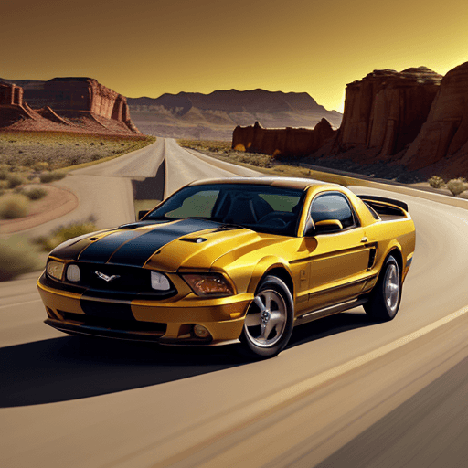 AI generated: In the golden hues of a setting sun, a yellow Ford Mustang 1965 roars down the open road. Behind the...