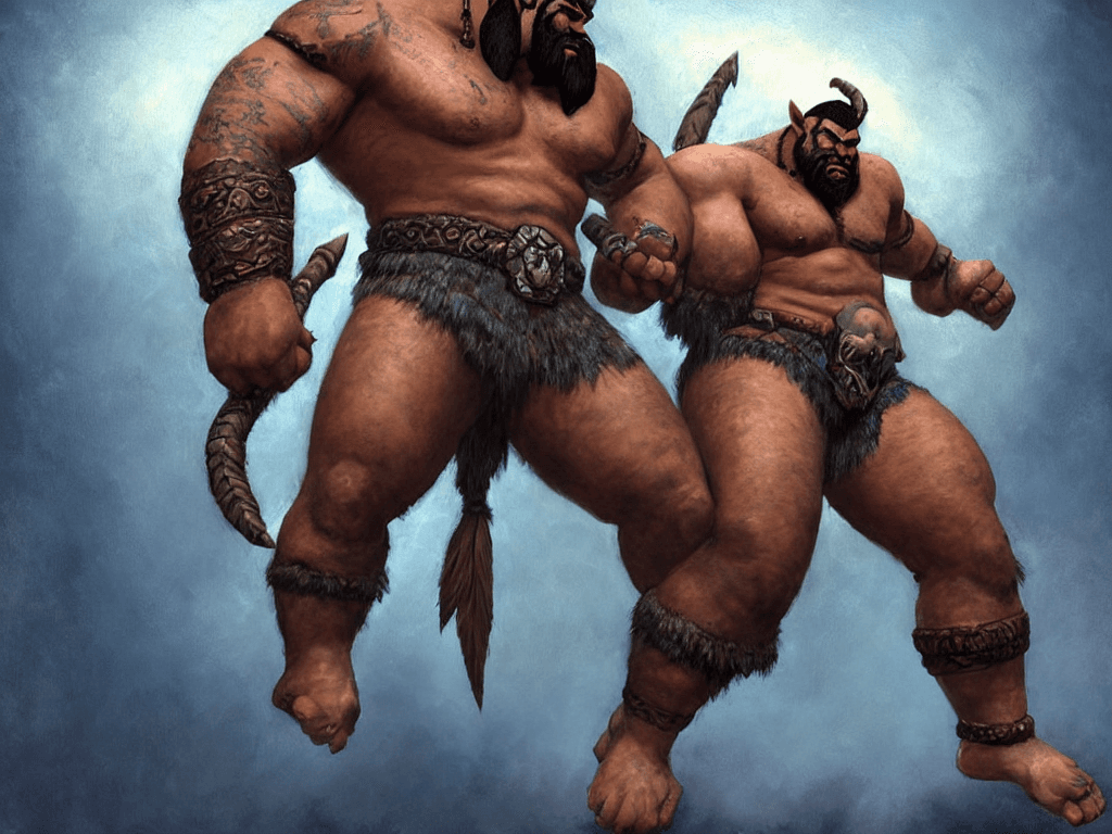 AI generated: tattooed, muscled sweaty shirtless half - orc barbarian champion with a full dark beard, visibly thi...