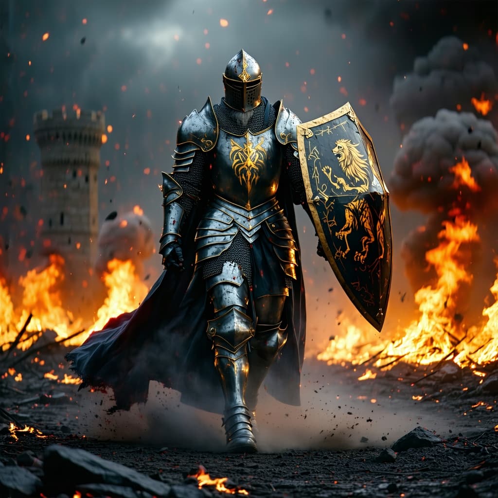 AI generated: Ultra high 4K digital painting of a ruthless, battle-hardened Paladin in dark, tarnished silver armo...