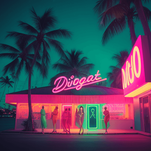 AI generated: Exterior wide, high quality advertising photo of a classy disco in Miami night, with deep depth of f...