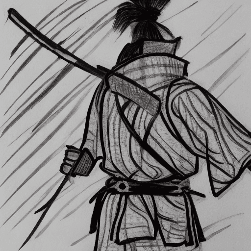 AI generated: Samurai with katana, linear drawing, thick contours, white background
