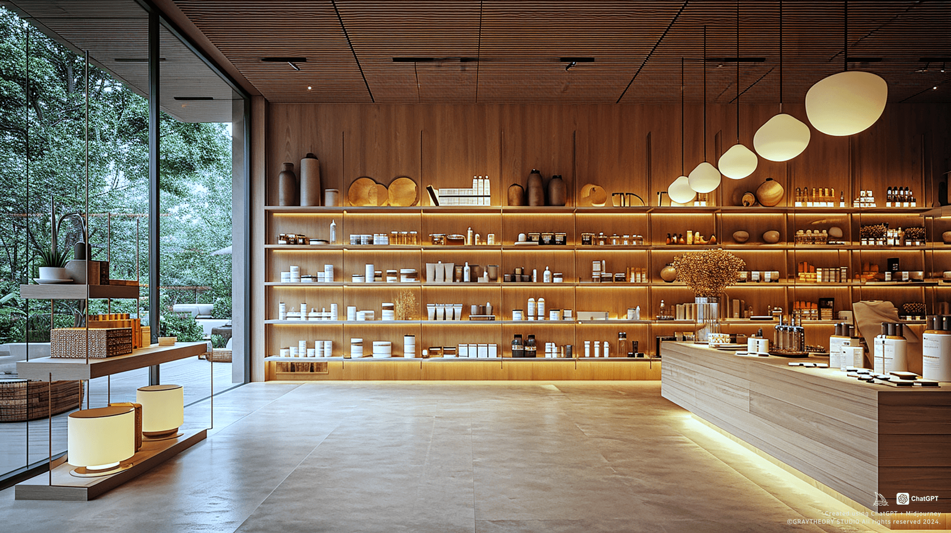 AI generated: 
retail shop with a wide angle, Vitra shelves, Louis Poulsen PH5 pendant lamps, Sony A7R IV, 24mm f...
