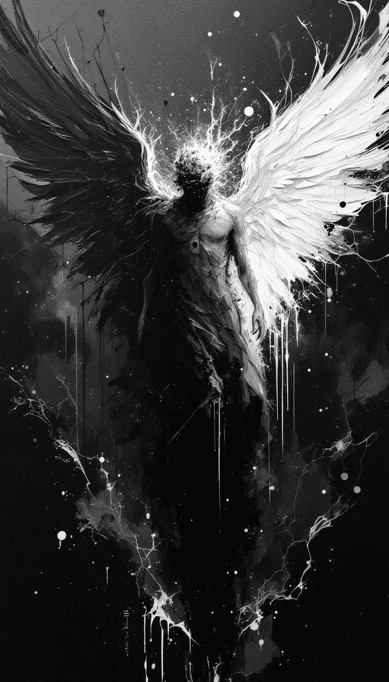 AI generated: A surreal, abstract oil painting with a three-dimensional illusion, depicting a glorious angelic fig...