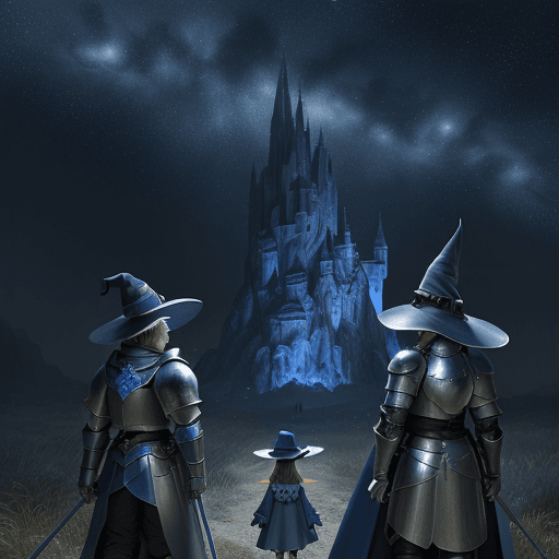 AI generated: Children’s drawing of a cute blue boy witch with two female knights and a big male knight traveling ...