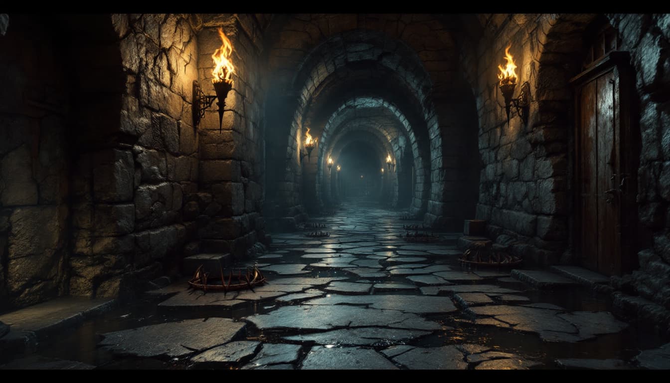 AI generated: Abandoned dungeon corridor with broken stone tiles, rusty spike traps, dripping water, flickering to...