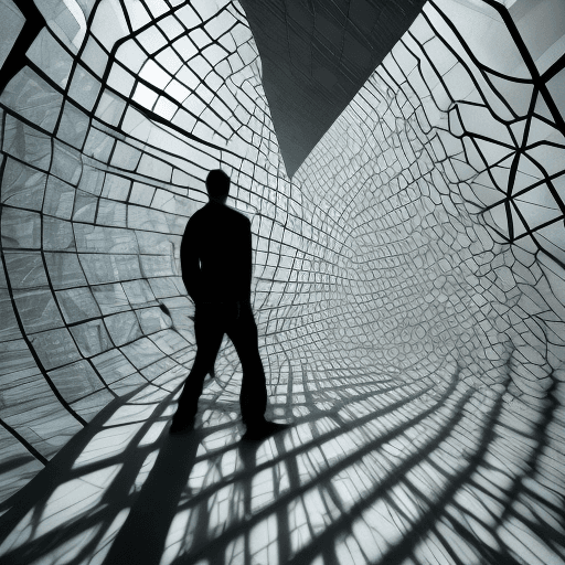 AI generated: illustration, man in a dramatic of light and shadow inside a contemporary architectural structure, s...
