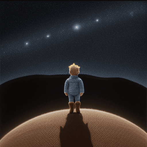 AI generated: the little prince standing on small planet in starry sky, by saint exupery, crocheted style