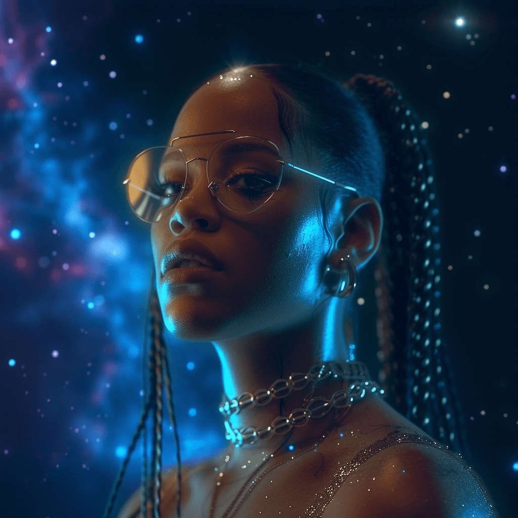 AI generated: Rihanna sings in space, hyper realistic, celebrity-portrait, mashuo of style, cinematic light, smoot...