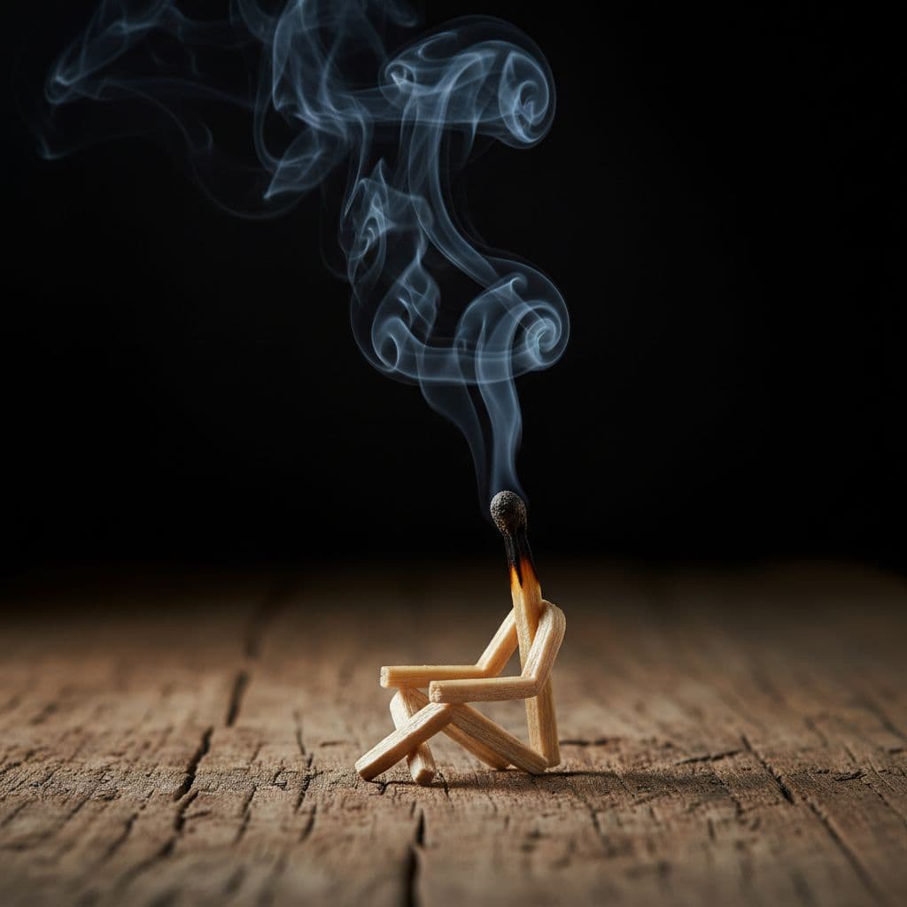 AI generated: A playful scene featuring a creatively positioned matchstick, bent to form a sitting figure on a rus...