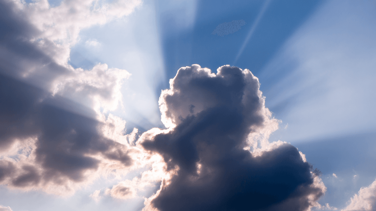 AI generated: Lush, airy, light clouds through which bright rays of the sun break through. Image in tones: white, ...