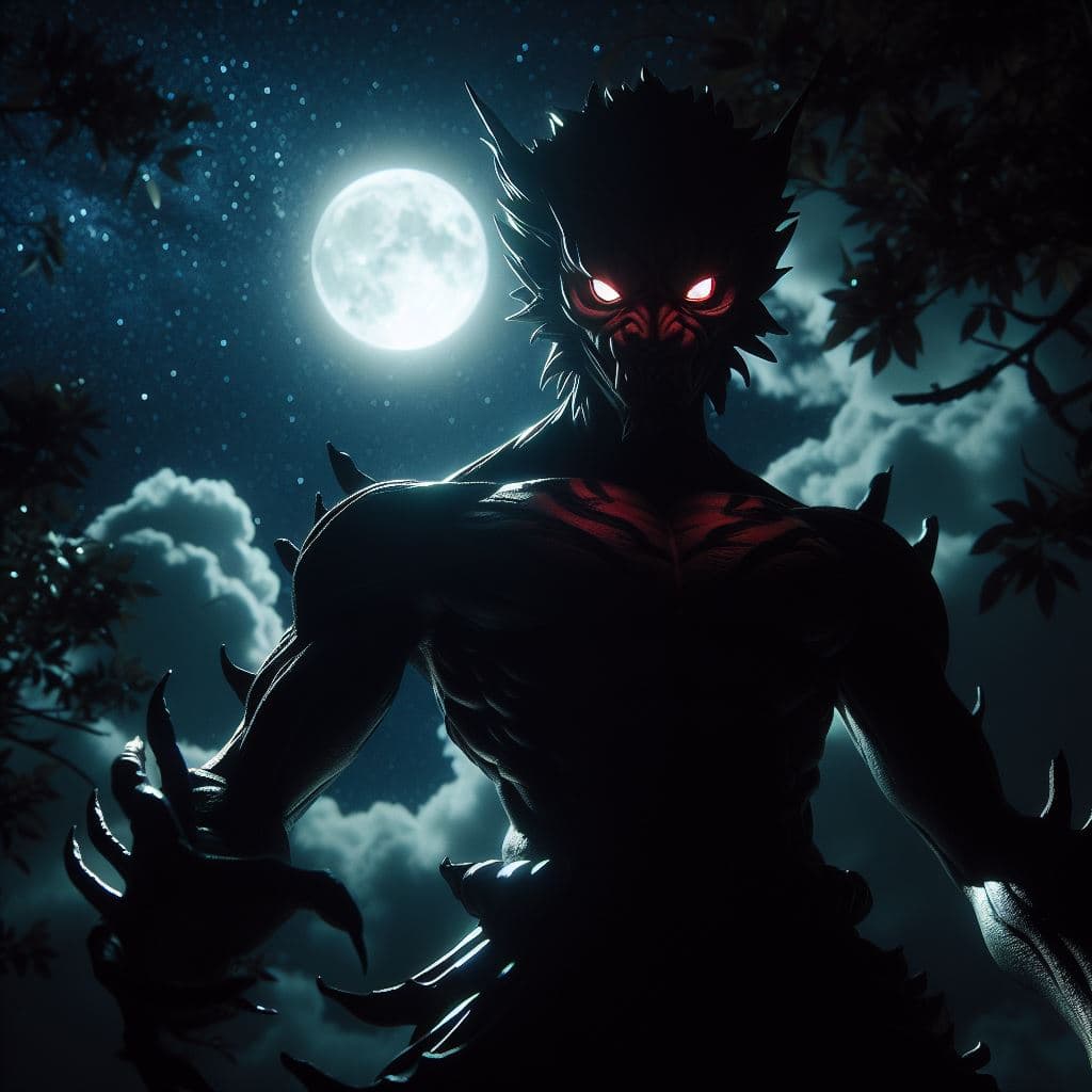 AI generated: a striking night scene featuring Bakasura's imposing silhouette under moonlight. Portray the charact...