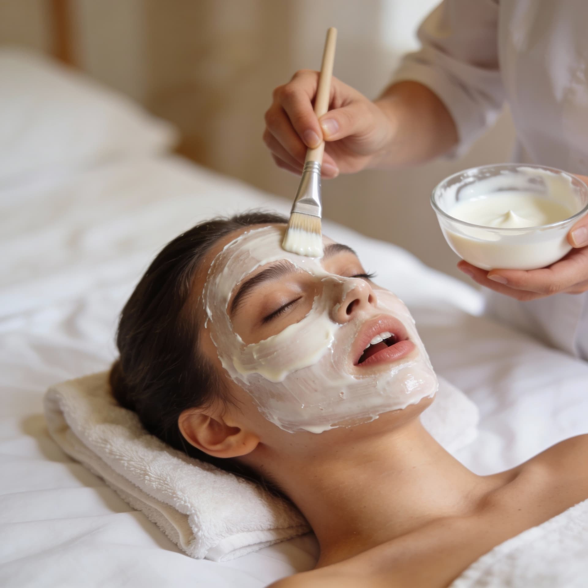 AI generated: A girl lying on her back in bed receives a facial of milk while her mouth is open.
