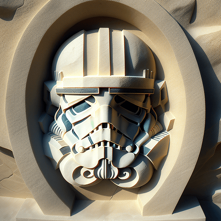 AI generated: stone carving in the likeness of a stormtrooper, on the side of a mountain, intricate details and st...