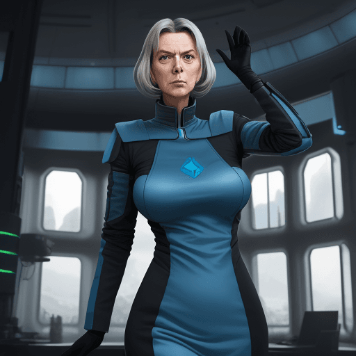 AI generated: sci-fi, frau, 1,68m, schlank, 58kg, dunkel-blau hüftlanges Haar,  
weiß alles besser und kommt somit...
