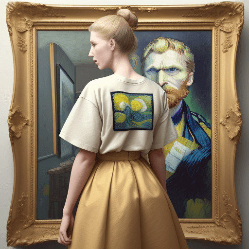 AI generated: In the visual representation, a woman stands against a neutral beige backdrop and there is a portrai...