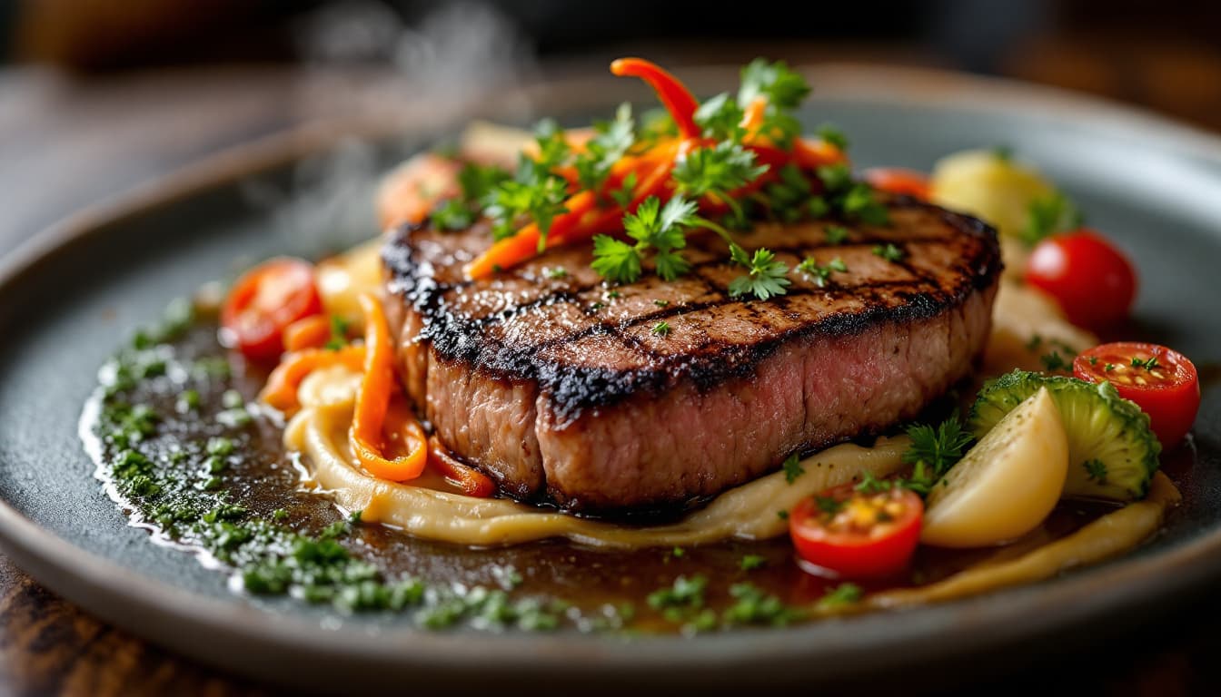 AI generated: a high-resolution photo of a steak dish with intricate plating, capturing the vibrant colors and tex...