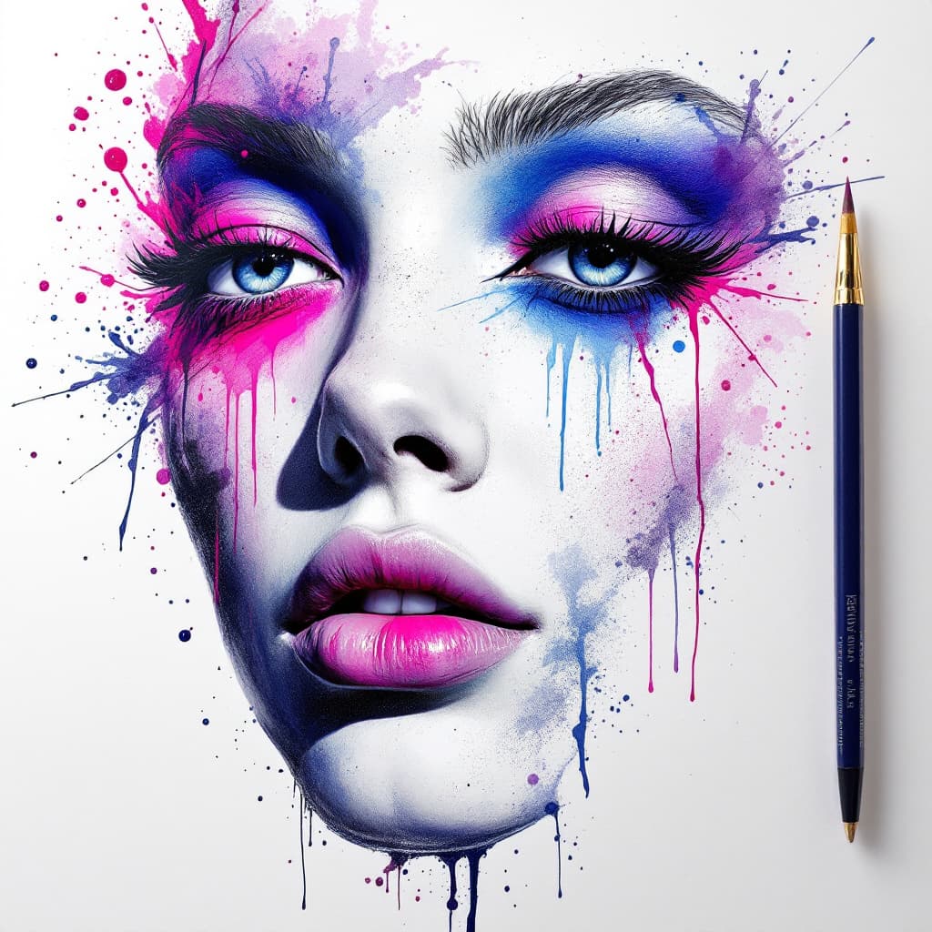 AI generated: a drawing of a woman's face with a pink eyeshadow, in the style of bold colorful drops and  allover ...