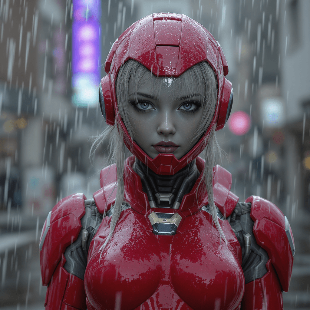 AI generated: young girl with a red robot suit standing in the rain, in the style of detailed hyperrealism, skotti...