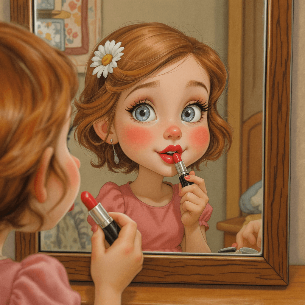 AI generated: Caricature.  whimsical, little lady, playing with moms lipstick, looking in the mirror while putting...
