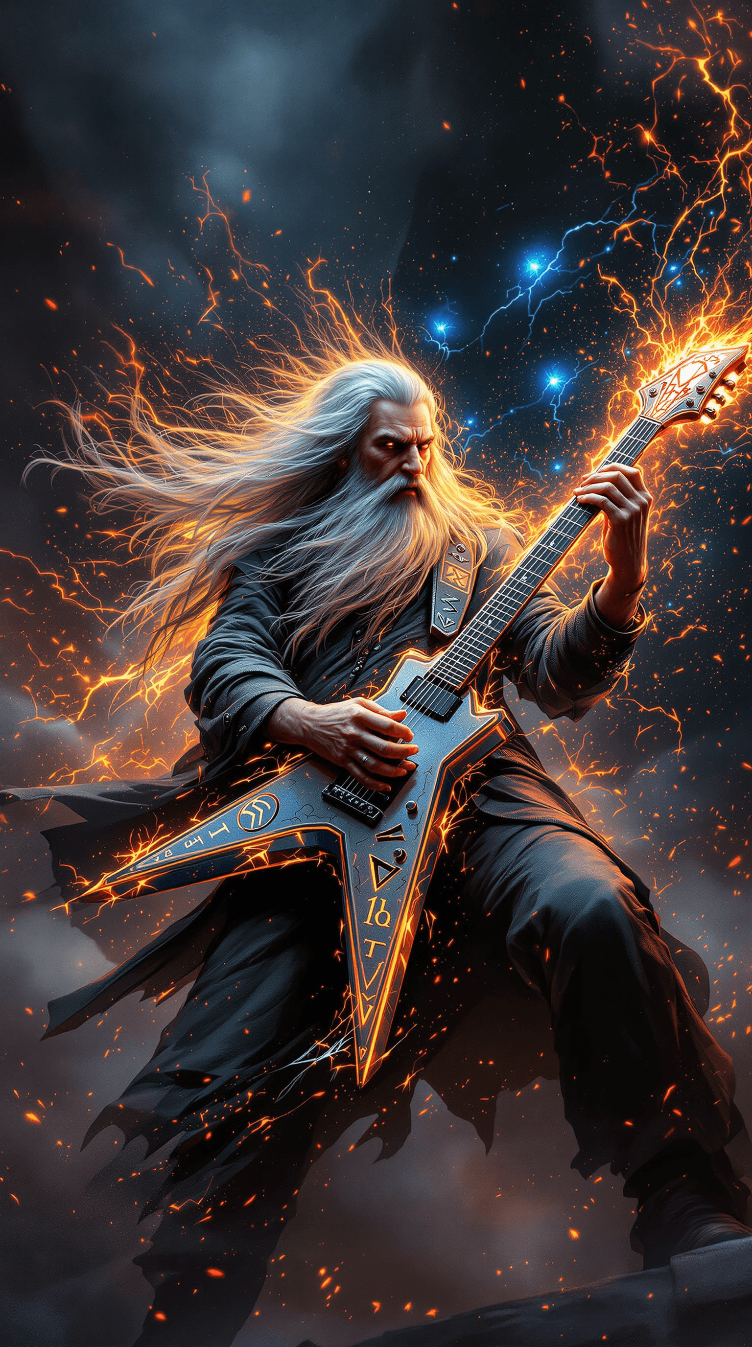 AI generated: A high-speed, dynamic portrayal of Gandalf the Gray as the greatest metal guitarist of all time, com...