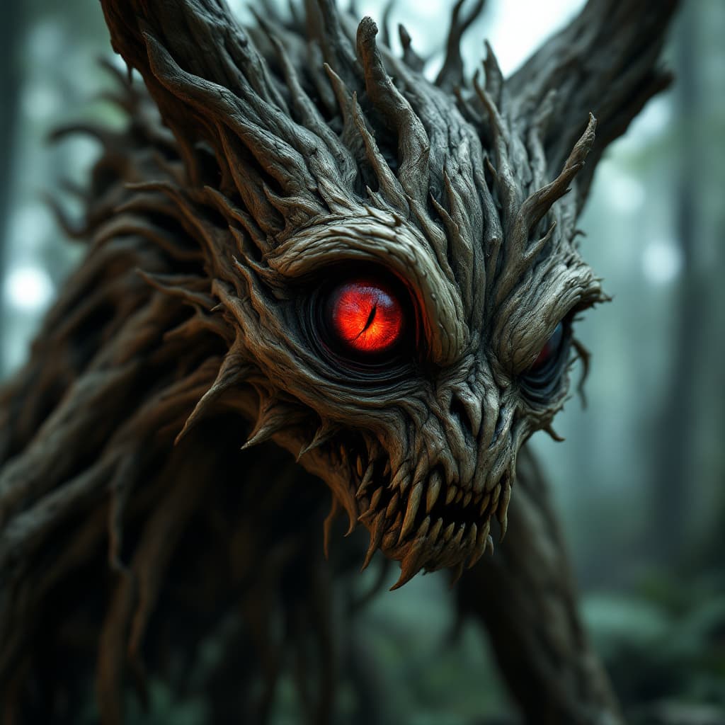 AI generated: a scary looking wood creature with a red eye, in the style of filip hodas, daz3d, sandy skoglund, na...