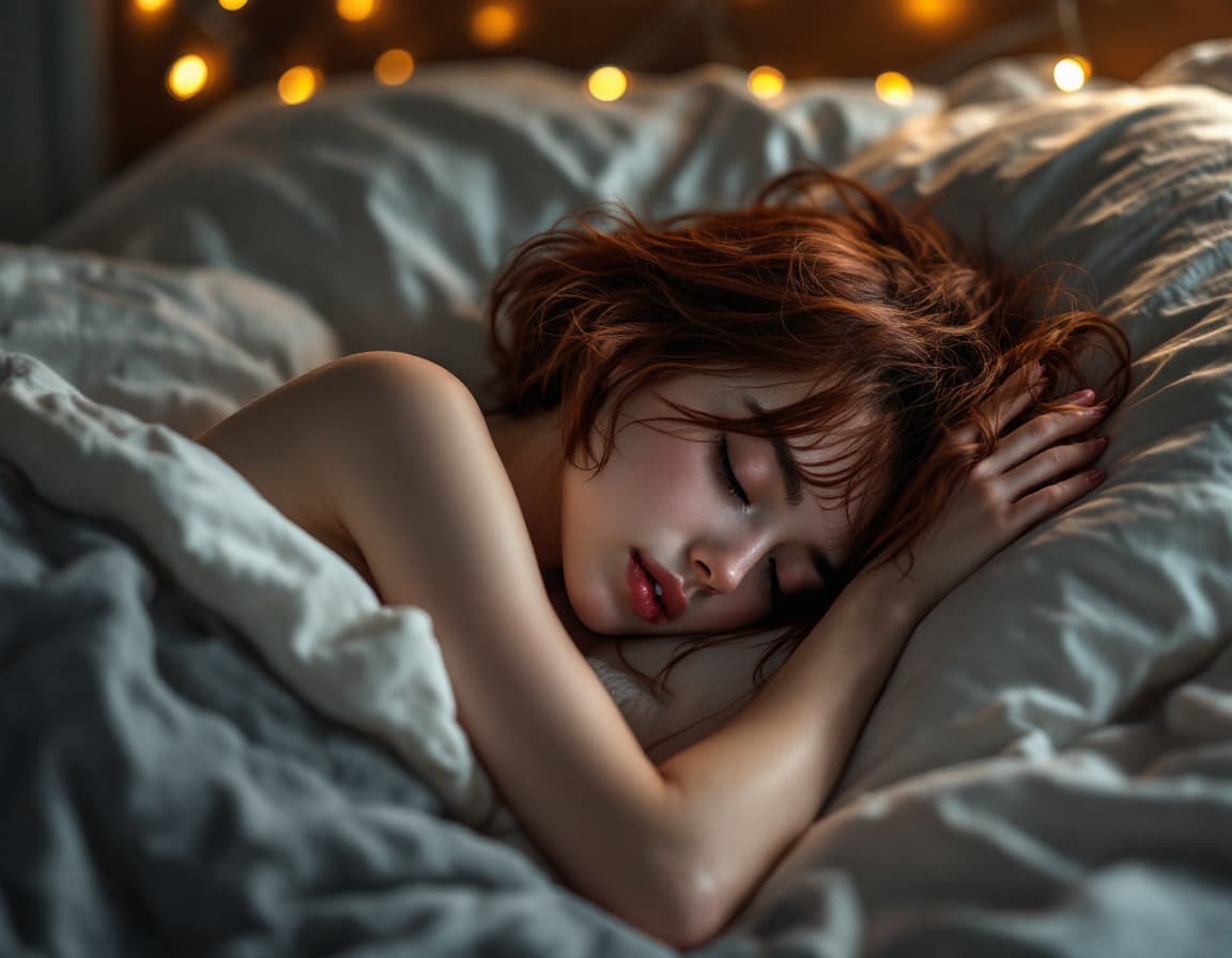 AI generated: female,short auburn hair, moody photo from behind, beautiful skinny 20 year old japanese girl sleepi...
