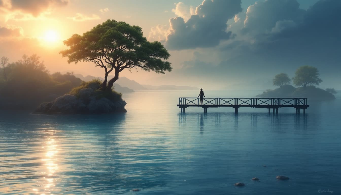 AI generated: Uma margem de rio tranquila ao entardecer, com uma figura solitária em pé, sussurrando uma oração ao...