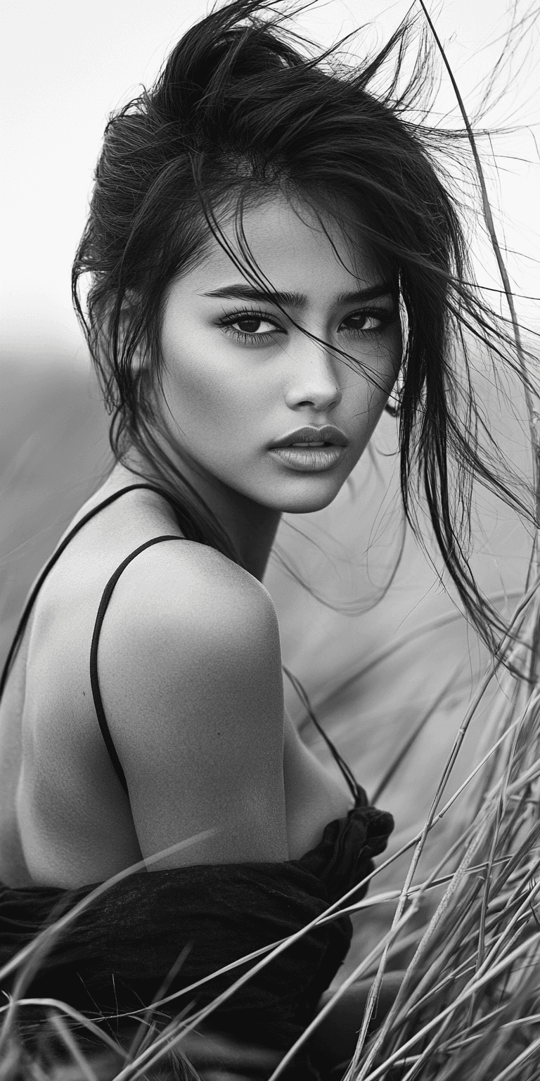 AI generated: a young woman standing in the grass, in the style of stark black-and-white photography, hasselblad 1...