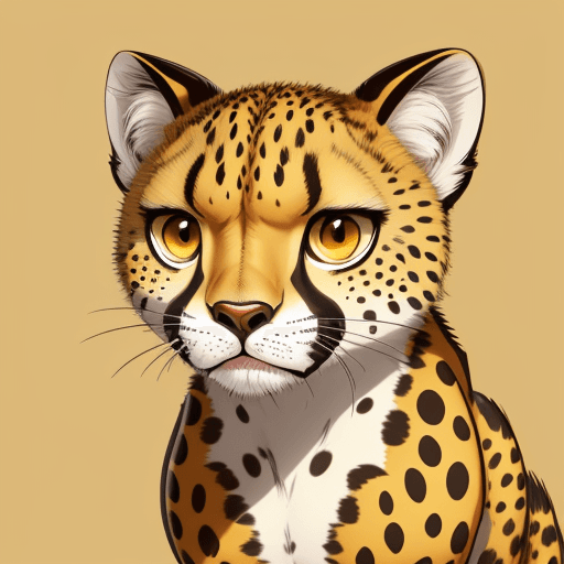 AI generated: illustration, vector cartoon-style, cute cheetah's face, zoom in, expressive eyes and a playful deme...