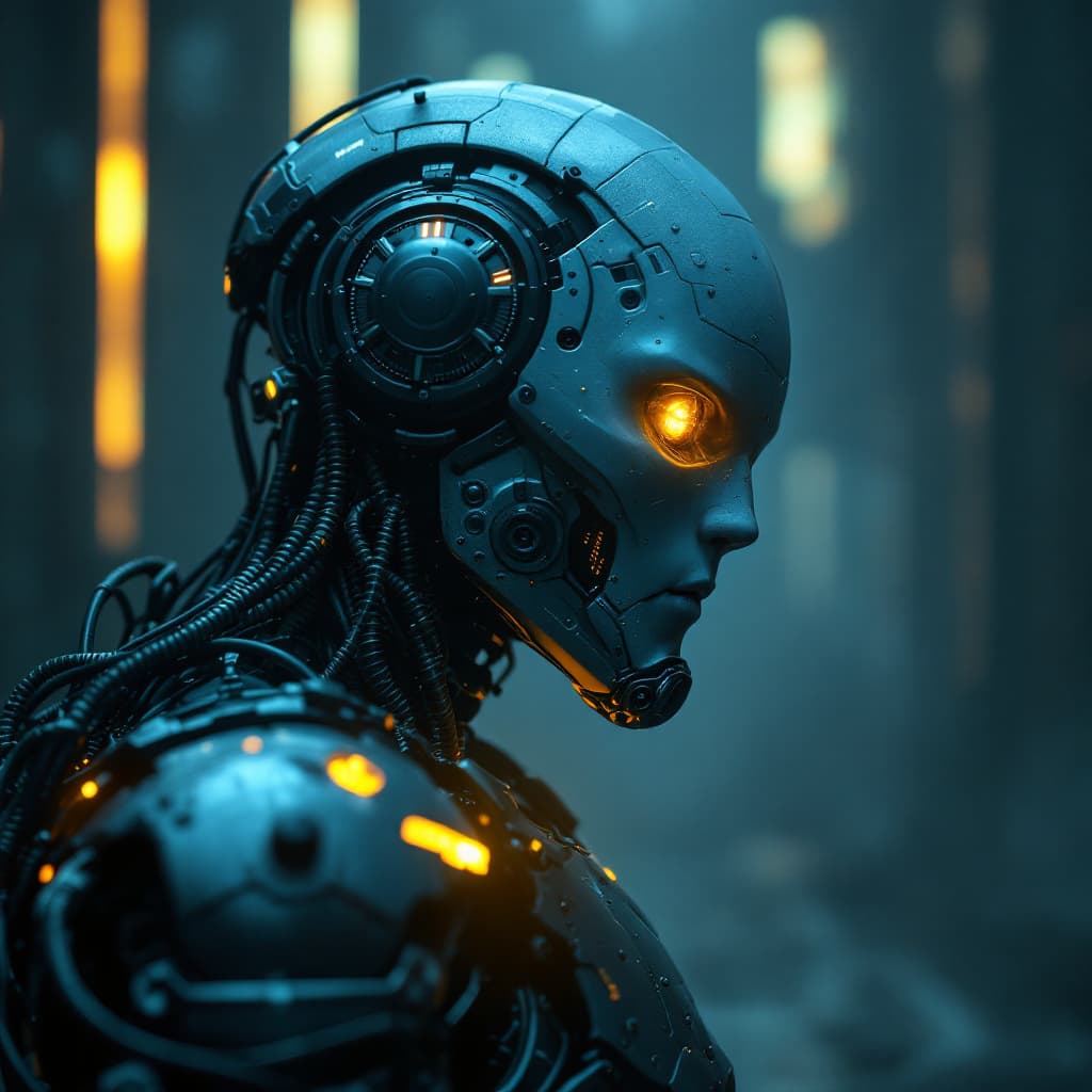 AI generated: rendering, side shot, falf-strange body with complex system equipment with hyper detail robot, gaze,...