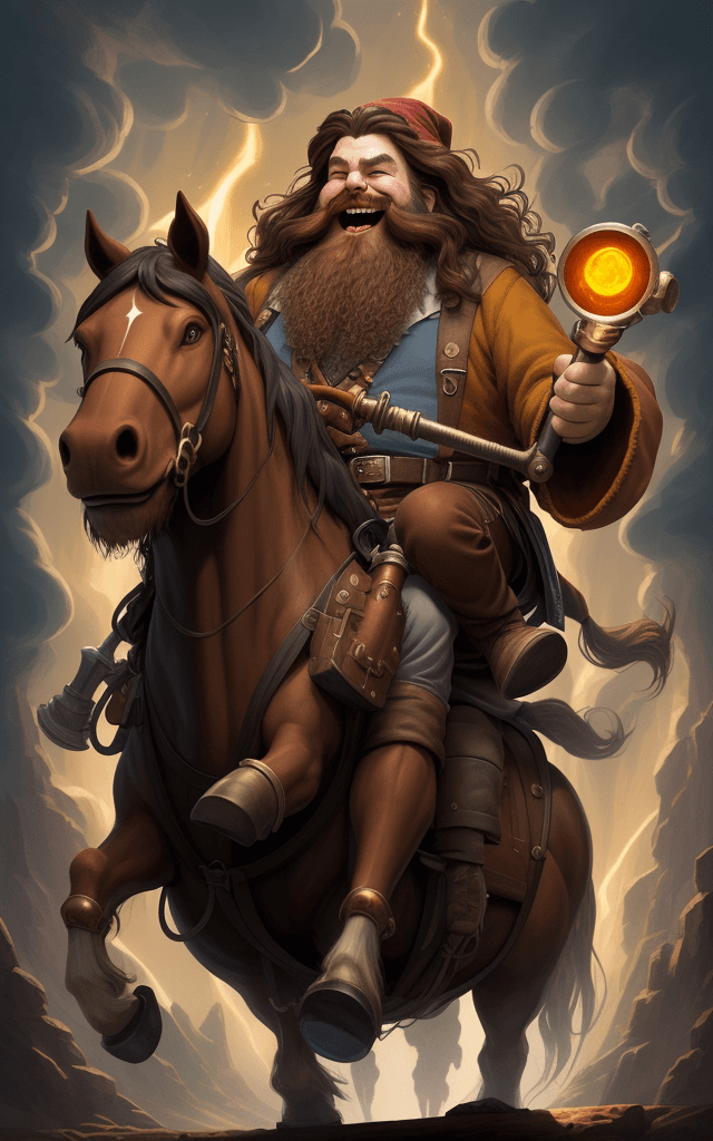 AI generated: charming character illustration, solo character, laughing wizard, long brown beard, long brown hair,...