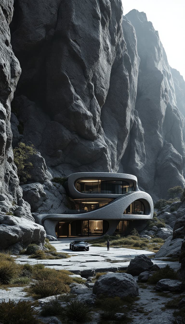 AI generated: the futuristic house in a rocky area with car, rock and house, in the style of dark gray and dark bl...