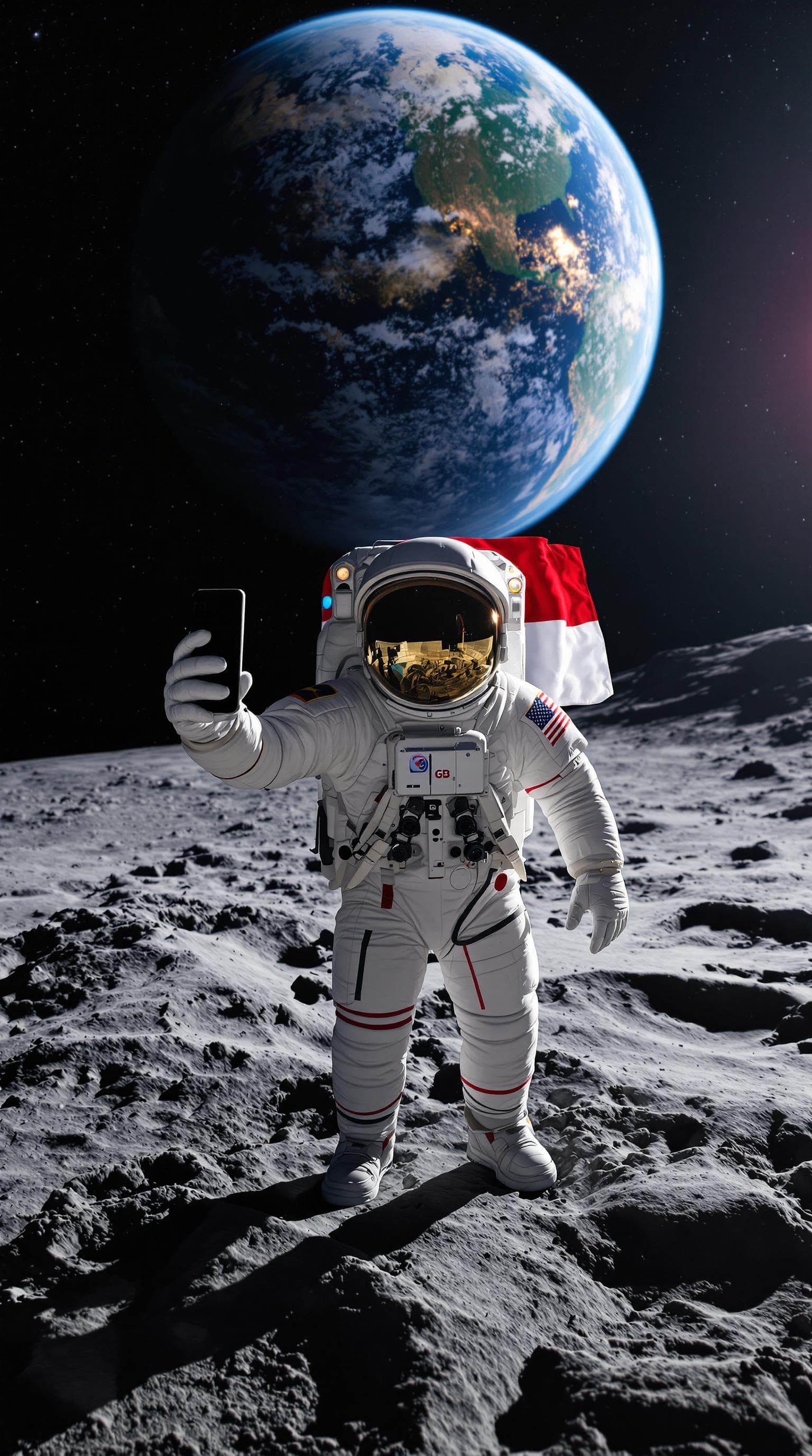 AI generated: astronaut taking a epic selfie with iphone 16 on his hand on the moon, in the distance you can see t...